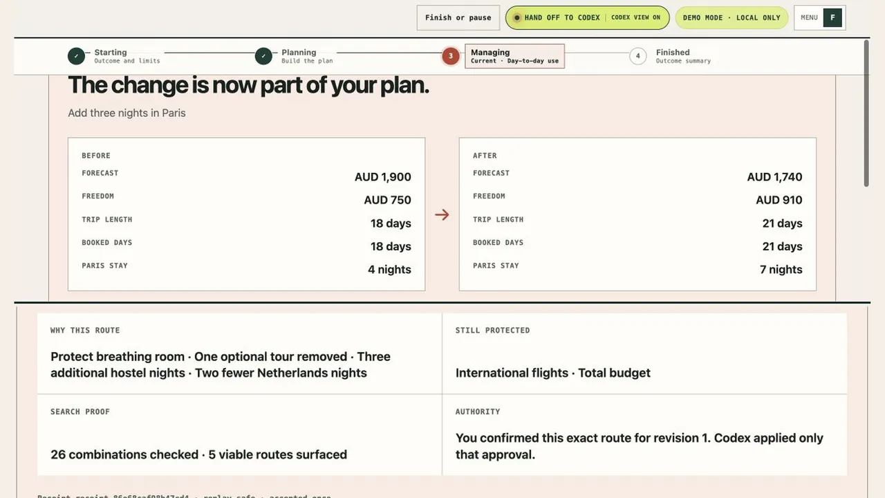 Finite showing an accepted change to a Paris trip, with before-and-after figures and the plan moving from revision 1 to 2