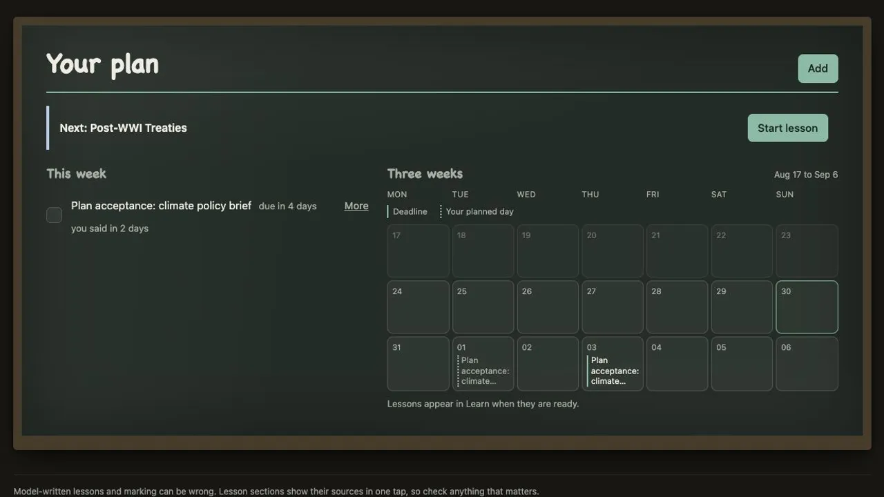 Virgil's Plan page showing the next lesson, this week's commitment and a three-week calendar with a deadline and a planned day