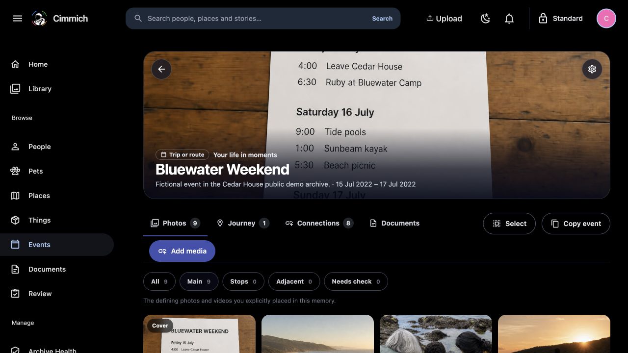 Bluewater Weekend open in the dark Cimmich Frontier Workspace with photos and connected context.