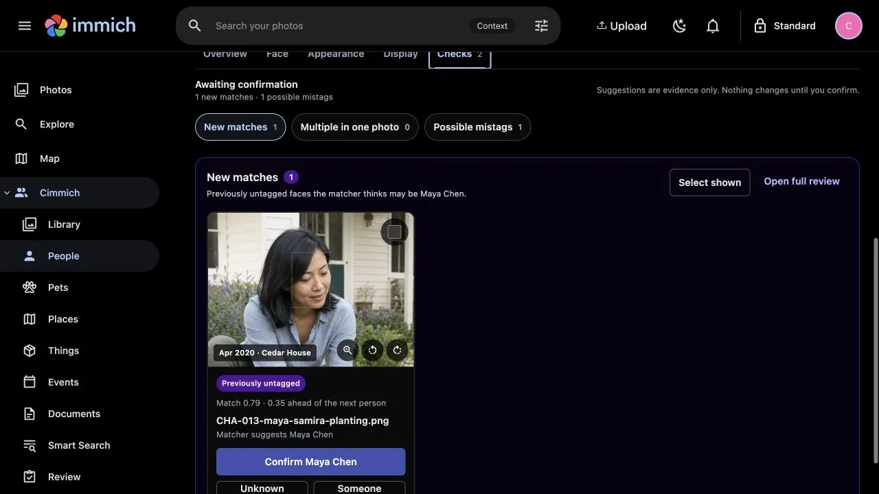 Cimmich New matches showing a previously untagged face, a Maya Chen suggestion and the Confirm Maya Chen action.