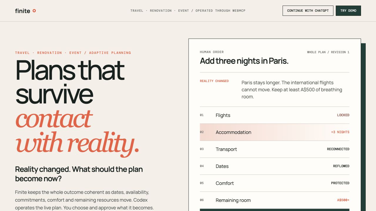 Finite's current public product surface showing the product promise and Paris whole-plan example.